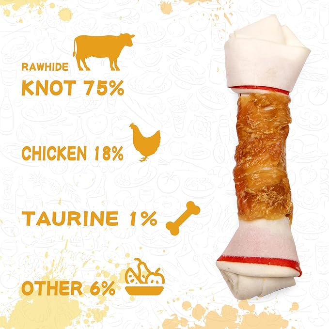 PAWUP Dog Treat Rawhide Bones with Chicken (6.5 ", 4 pcs), Dog Chews Beefhide Treats w/Taurine, 10.5 oz