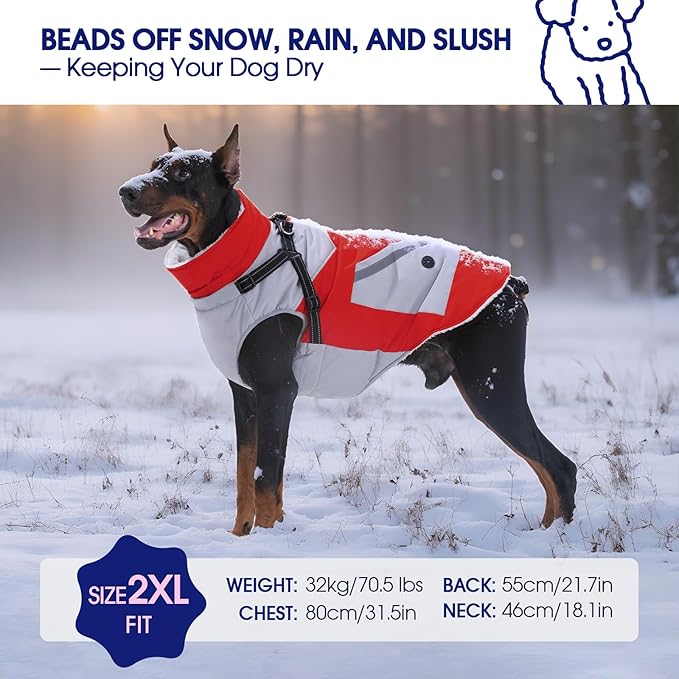 FUAMEY Dog Winter Jackets for Large Dogs,Dog Coat with Harness Built in,Waterproof Dogs Snowsuits Warm Pet Jacket Zip Up Fleece Cold Weather Coats Reflective Puppy Vest with Pocket Red XL