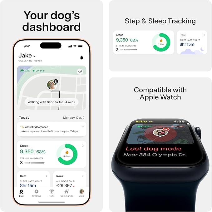 New Fi Series 3+ Smart Dog Tracker Collar – AI GPS for Dogs, Health & Behavior Monitor, Virtual Fence, Escape Alerts, Waterproof, Apple Watch Compatible 12Mo Membership Included