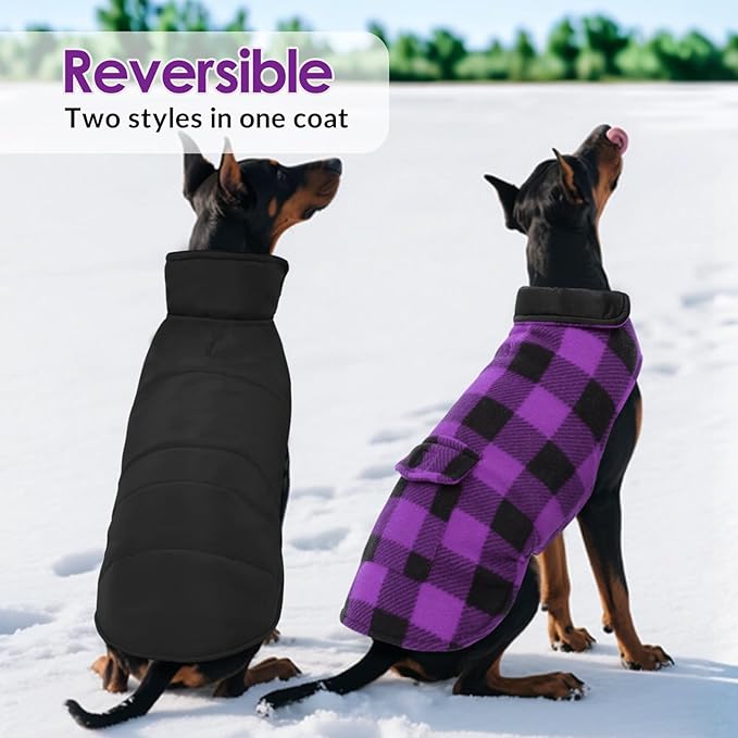 ASENKU Dog Jacket Plaid Reversible Reversible Dog Vest Waterproof Cold Winter Clothes Pet Apparel for Small Medium Large Dogs (L, Purple)