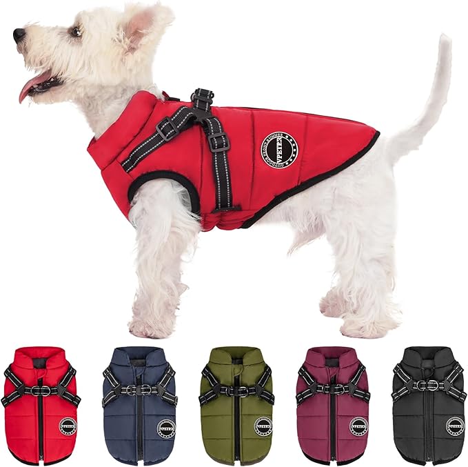 Dog Winter Coat, Warm Padded Fleece Vest with Built-in Harness, Waterproof Windproof Reflective Cozy Snow Pet Coat Clothes for Small Medium Dogs