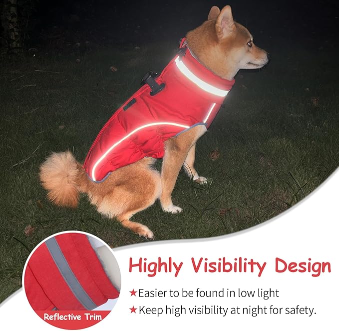 Malier Dog Coat, Reflective Dog Jacket Waterproof Windproof Puppy Cold Weather Coats with Harness Built in, Winter Extra Warm Pet Coat Fleece Vest for Small Large Pets and Puppy (Red, Medium)
