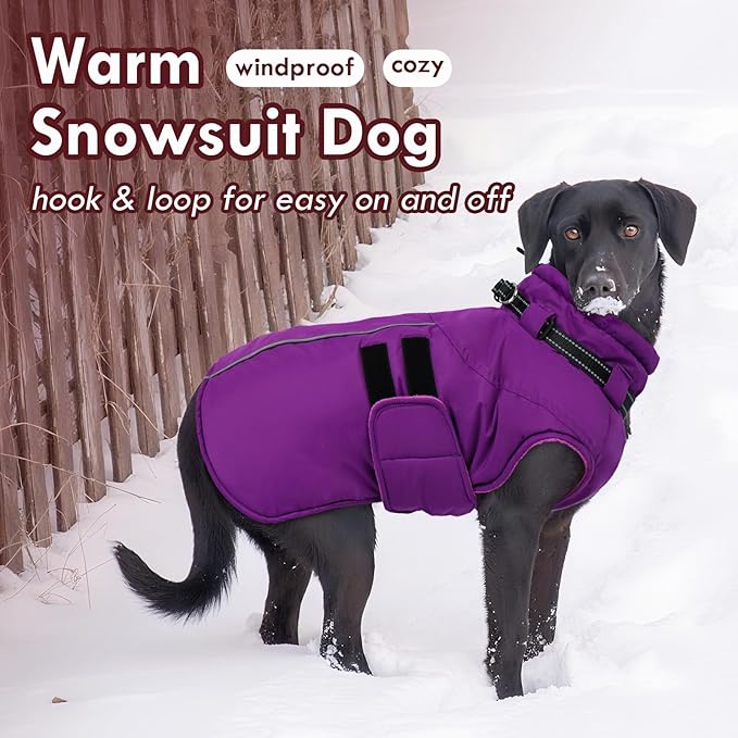 Dog Jackets for Large Dogs, Waterproof Winter Coat with Harness Built-in, Reflective Adjustable Hook&Loop Snow Jacket, Warm Fleece Snowsuit for Dogs Pit Bull Weimaraner Boxer, XXL Purple