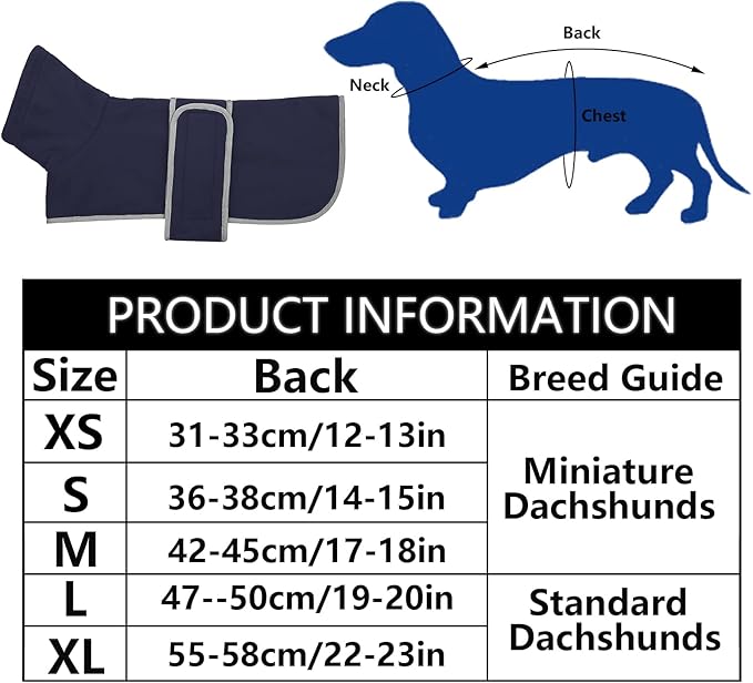 Geyecete Dachshund Sweaters - Dachshund Coat Perfect Winter Dog Jacket with Padded Fleece Lining and High Collar, Snowsuit with Adjustable Bands - Navy - S