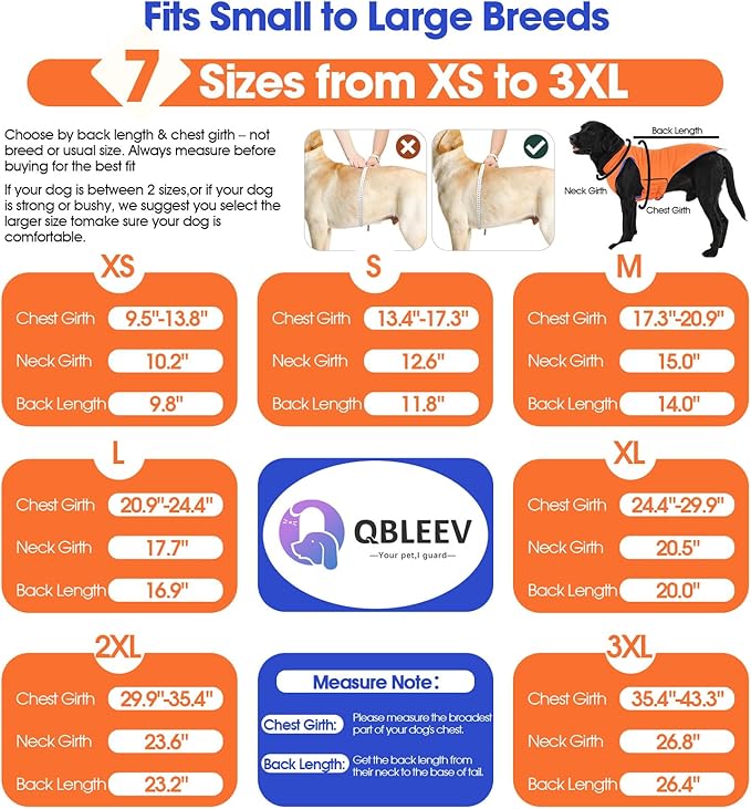 QBLEEV Reversible Dog Winter Coat, Waterproof Windproof Dog Jacket with Adjustable Fit & Leash Hole, Lightweight Warm Puffer Vest for Large Breeds, Orange, 2XL – Fits Labrador, Husky, Weimaraner