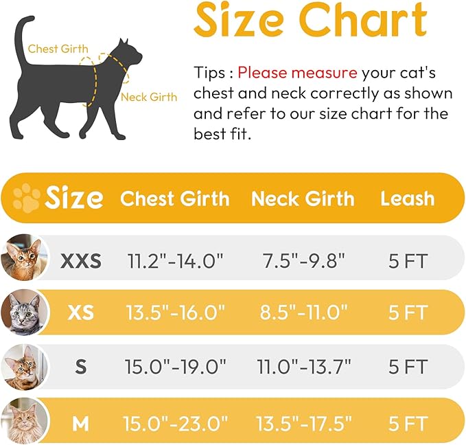 Dooradar Cat Harness and Leash Set, Escape Proof Safe Adjustable Kitten Vest Harnesses for Walking, Easy Control Soft Breathable Mesh Jacket with Reflective Strips for Cats, Yellow, S