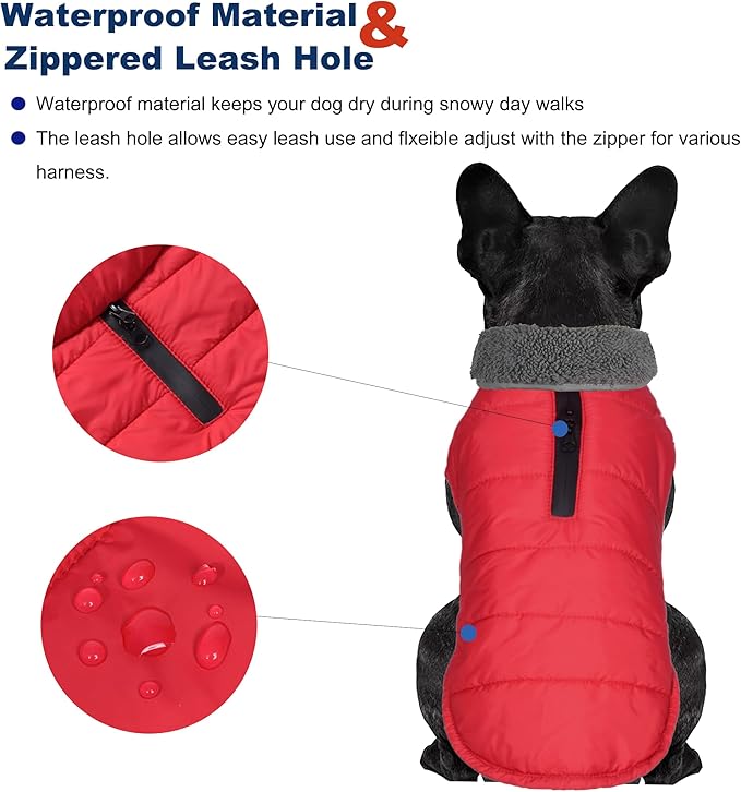 Dog Winter Coat, Waterproof Dog Jacket with Leash Hole, Reflective Adjustable Pet Snow Vest, Warm Fleece Sweater for Small Medium Large Dogs - Red, S