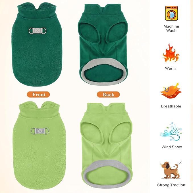 Idepet 2 Pack Dog Fleece Vest Sweater Warm Pullover Jacket with D-Ring Leash Reflective Winter Coat Hoodie for French Bulldog Pug Chihuahuas Yorkies Dachshunds(Dark Green&Grass Green,X-Small)