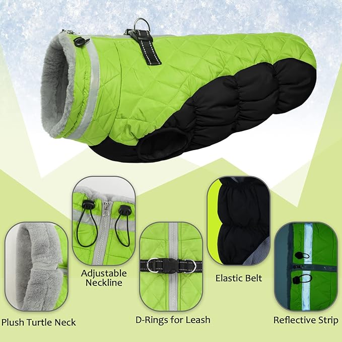 Lelepet Dog Coat Warm Dog Winter Coat Waterproof Dogs Jacket with Harness Built in Reflective Pet Fleece Vest Zip-Up Cold Weather Coats for Large Dogs Turtleneck & Windproof Coats Boston Terrier Lime