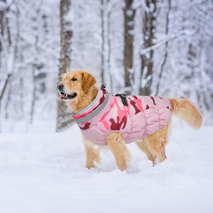 Lelepet Warm Dog Winter Coat Dog Coats for Small Dogs Waterproof Dogs Jacket with Harness Built in Reflective Cold Weather Coats Windproof Zip-Up Winter Fleece Vest Snowsuit Yorkie Pink Camo S