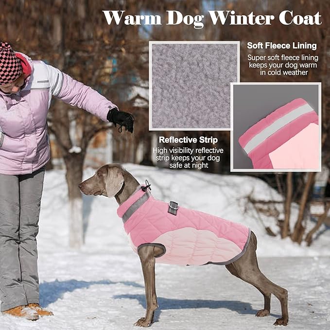 Lelepet Dog Coat Warm Dog Winter Coat Waterproof Dogs Jacket with Harness Built in Reflective Pet Fleece Vest Zip-Up Cold Weather Coats for Large Dogs Turtleneck & Windproof Coats Pitbull Pink 2XL