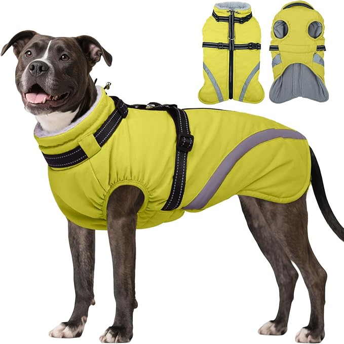 BRKURLEG Dog Winter Jackets for Medium Dogs, Dog Coat with Harness Built in, Dogs Snowsuits with Zipper, Waterproof Windproof Pet Puffer Jacket Fleece Vest for Beagle, Pug, Green L