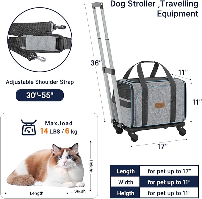 Western Home Expandable Cat Carrier with Wheels Airline Approved, Removable Soft Carrier, Rolling Cat Carrier for Puppy and Kitten with Telescopic Handle Suitable for Traveling/Hiking/Camping