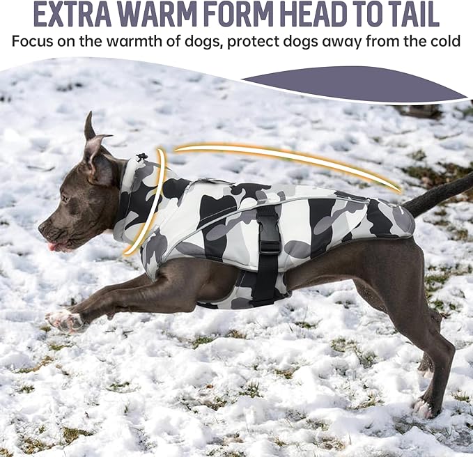 DENTRUN Small Dog Winter Warm Coat - Windproof Cozy Jacket, Thick Fleece Vest with Adjustable Belt, Water Repellent, Reflective Dog Sweater for Yorkie Dachshund Wear, White Camo, S