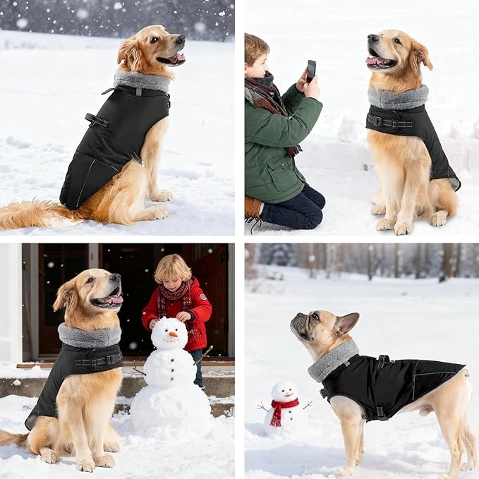 Mihachi Dog Coat for Large Dogs, Warm Dog Winter Coat Waterproof Dogs Jacket with Harness Built in Reflective Pet Fleece Vest, Puppy Cold Weather Coats Turtleneck & Windproof Pet Snowsuit, Black XL