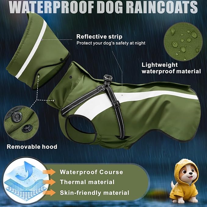 Mosucoirl Dog Raincoat Waterproof Raincoats for Dog Reflective Dogs Rain Jackets with Hood Hoodie Pet Rain Poncho Coat for Small Medium Large Dogs Puppies S-XXL (Green, XXL)