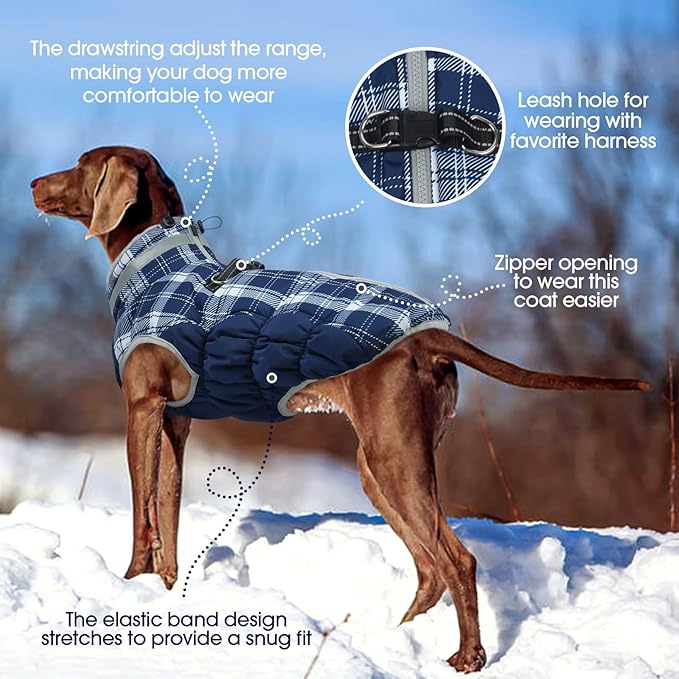 FUAMEY Dog Coat for Small Dogs,Waterproof Dog Winter Jacket with Harness Built in Puppy Cold Weather Coats Reflective Pet Vest with Zipper Warm Fleece Dogs Snowsuit Windproof Blue Plaid S
