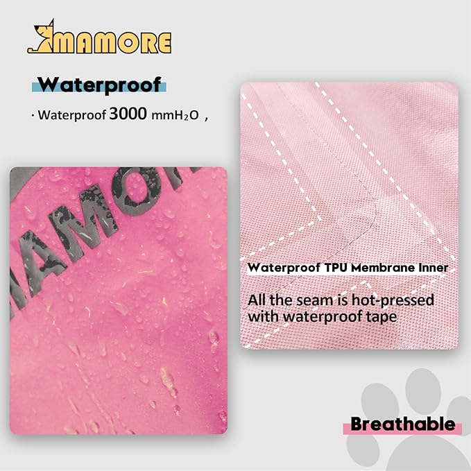 MAMORE Dog Raincoat Hooded Rain Jacket for Small Medium Large Dogs Slicker Poncho Bottom Waterproof Adjustable Reflective Breathable Leash Hole (Pink, Medium)