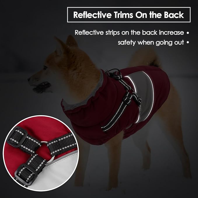 SUNFURA Dog Coat, XXXL Dog Jacket Winter with Harness Built in, Waterproof Pet Snow Jacket with Furry Collar for Chilly Day, Reflective Fleece Snowsuit for Extra Large Dogs, Burgundy 3XL