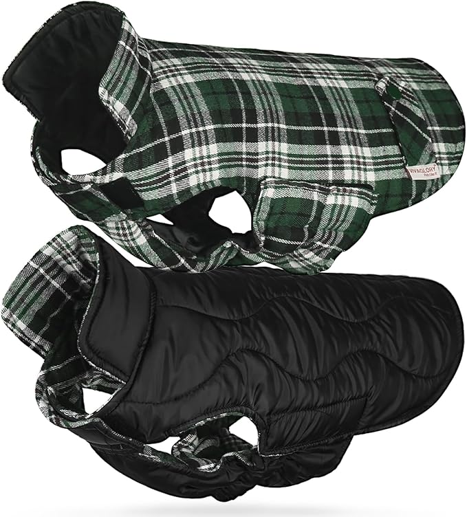 VIVAGLORY Softjoy Dog Coat, Dog Jacket for Winter & Christmas, Coat with Harness Hole & Velcro Closure, Reversible Plaid Checkered Warm Fluffy Heavy Duty for Puppy, M, Green