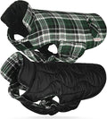 VIVAGLORY Softjoy Dog Coat, Dog Jacket for Winter & Christmas, Coat with Harness Hole & Velcro Closure, Reversible Plaid Checkered Warm Fluffy Heavy Duty for Puppy, M, Green