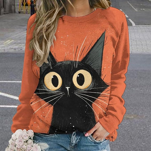 Abstract Cute Cat Shirts for Women Long Sleeve Lady Crewneck Pullover Sweatshirt Fall Winter Oversized Tops