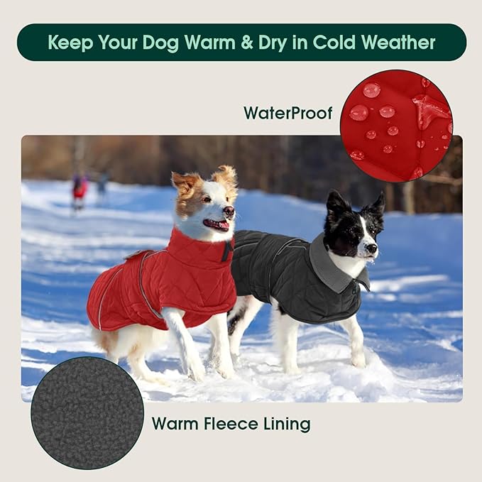 Kuoser Super-Warm Dog Coat Windproof Cold Weather Coats for Extra Large Dogs, Fleece Lining Turtleneck Dog Jacket Reflective Adjustable Pet Winter Snowsuit, Red 3XL