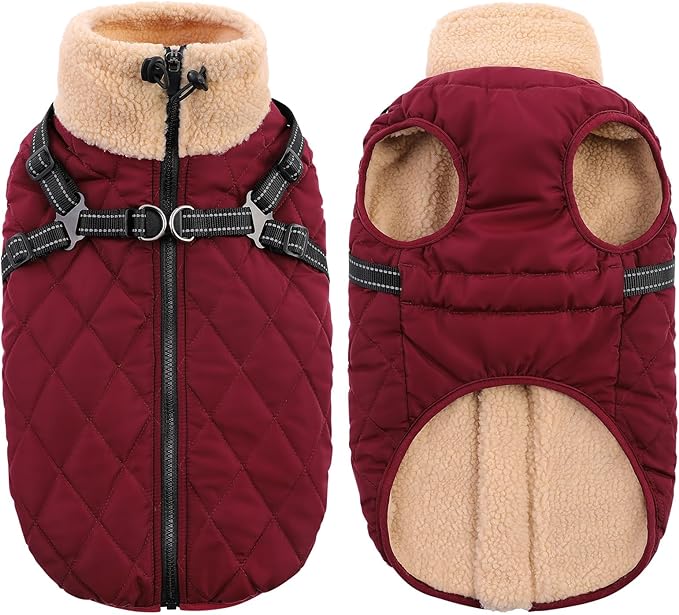 Queenmore Dog Jackets for Large Dogs, Dog Coat with Harness Built-in, Thick Fleece Lining Waterproof Jacket for Large Breeds, Back Zipper Pet Winter Jacket for Retriever, Labrador, Burgundy XL