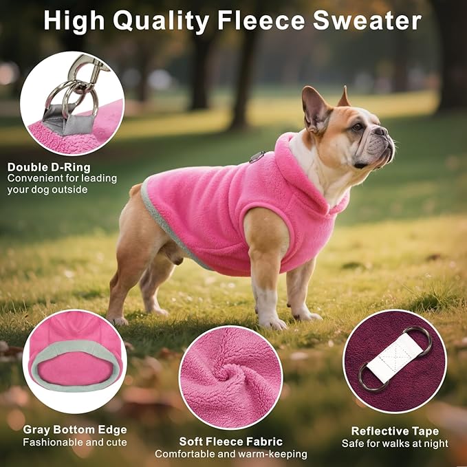 Idepet 2 Pack Dog Fleece Vest Sweater Warm Pullover Jacket with D-Ring Leash Reflective Winter Coat Hoodie for Puppy Cat French Bulldog Pug Chihuahuas Yorkies Dachshunds (Red&Rose Red,Large)