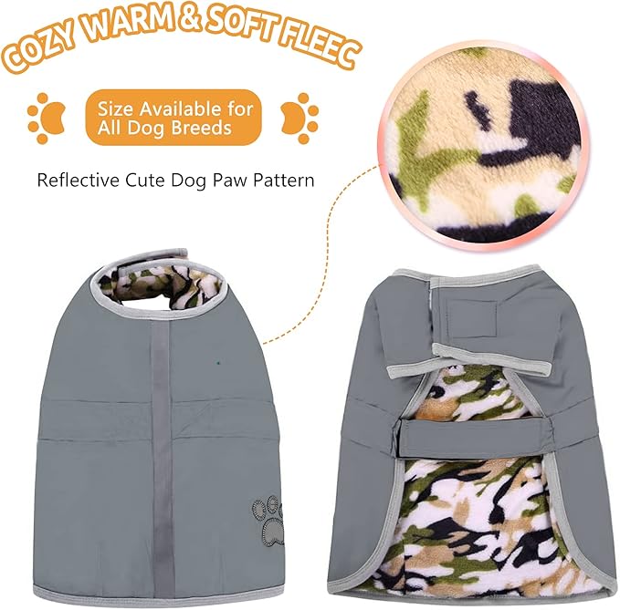 Queenmore Dog Winter Coat, Cold Weather Fleece Jacket for Dogs, Waterproof Reflective Reversible, for Small, Medium and Large Dogs (Grey, L)