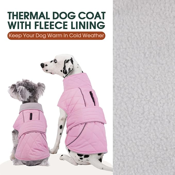 Kuoser Dog Coat, Extra Warm Dog Jacket Windproof Dogs Cold Weather Coats for Large Dogs, Fleece Lining Turtleneck Puppy Snowsuit Reflective Adjustable Pet Winter Clothes Christmas, Pink XL