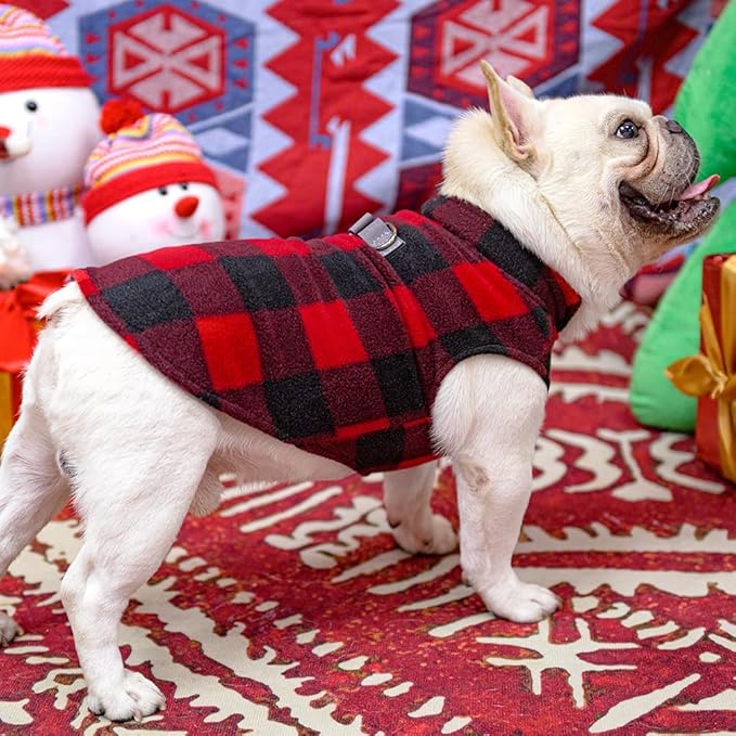 BEAUTYZOO Small Dog Sweater Fleece Vest Winter Jacket, D-Ring Leash Attachment for XS S Puppy Medium Sized Breeds Dogs, Cold Weather Dog Clothes Windproof Keep Warm, Christmas Red Plaid XL