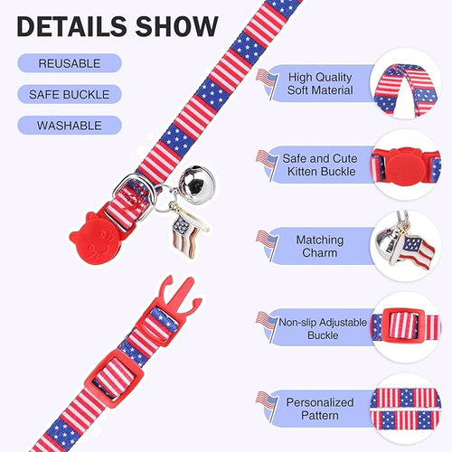 3 Pack Breakaway Cat Collars with Bell- 4th of July Cat Collar,Independence Holiday American Flag Kitty Collar for Girl Boy Cats with Safety Buckle- Cute Kitten Collar Adjustable 8"-12"