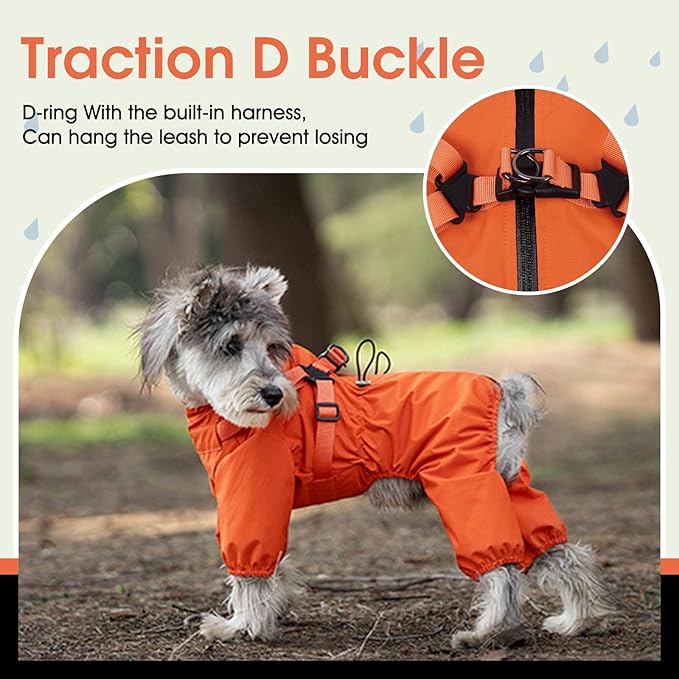 BRKURLEG Dog Raincoat for Small and Medium Dogs, Small Dog Rain Jacket with Harness Built in, Waterproof 4 Legs Pet Raincoats, Puppy Outdoor Jacket with Reflective Strip, Orange, XXXL