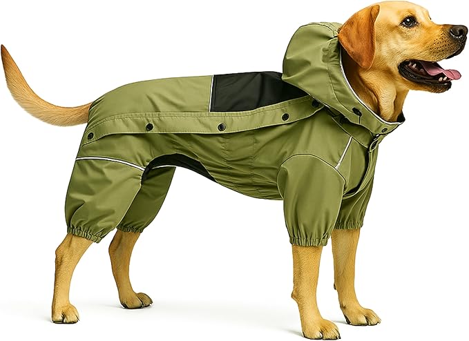 LOVELONGLONG Fleece-Lined Dog Raincoat with Removable Hood – Waterproof Winter Full Body Dog Jacket – Windproof Snowproof Cold-Weather Suit – Green-F XXS