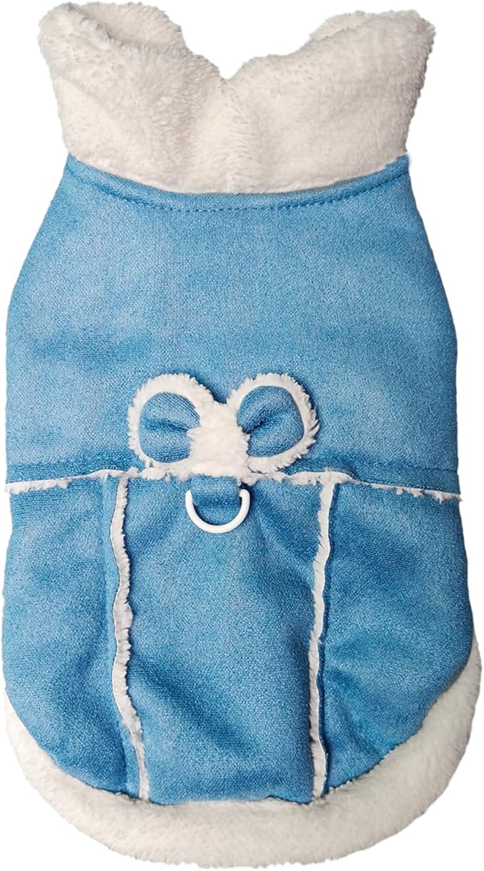 Jecikelon Bowtie Dog Cold Weather Coat Fleece Lining Warm Pet Puppy Turtleneck Dogs Winter Clothes for Small Dogs with D-Ring (Blue, Medium)