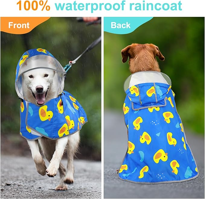 Dog Raincoat XXL - Waterproof Dog Rain Jacket, Hooded Reflective Doggy Rain Coat with Leash Hole, Foldable Pet Poncho Slicker for Large Dogs (Blue, XX-Large)