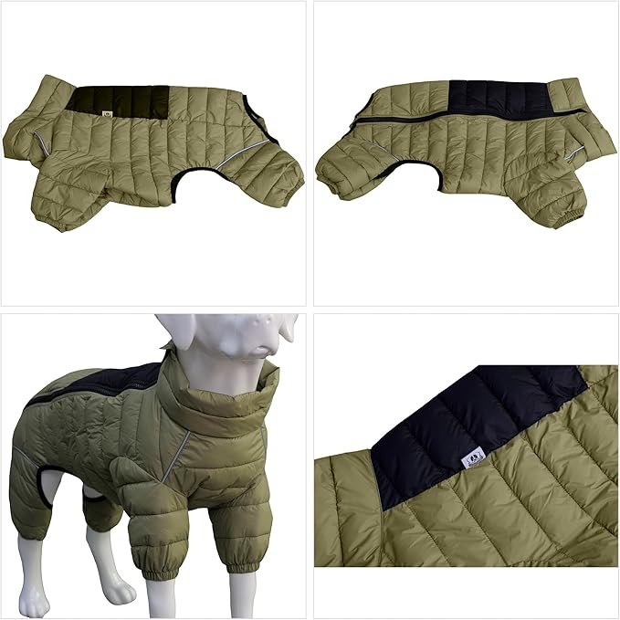 Dog Warm Jacket, 4 Legs Covered Waterproof Windproof Reflective Warm Dog Vest for Small Medium Large Dogs Olive Green L