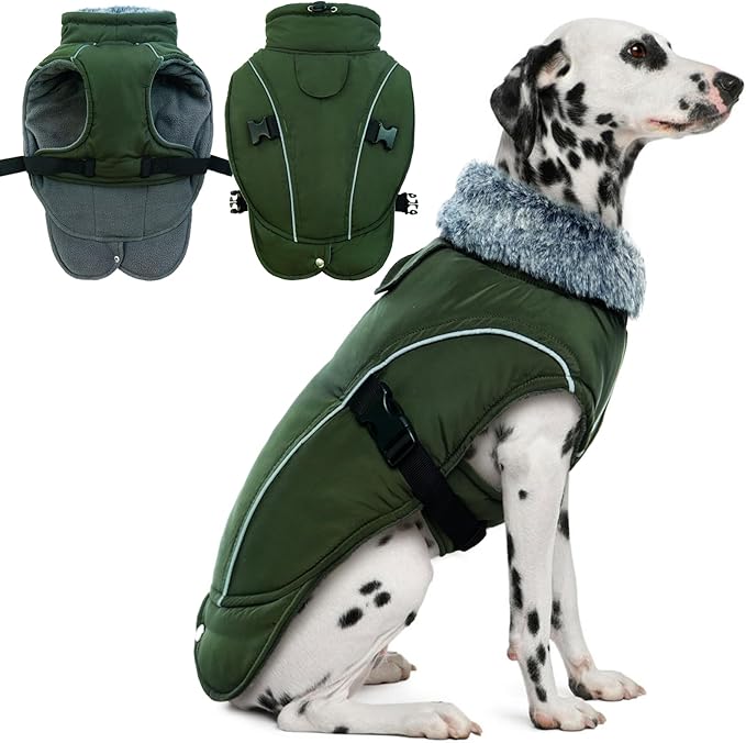 DENTRUN Large Dog Winter Coat - Windproof Reflective Warm Coat, Adjustable Neck & Snap Closure, Water Repellent Thick Fleece Vest, Fleece Lined for for Golden Retriever, Army Green, XL