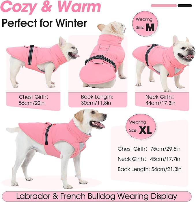 XL Dog Coat, Warm Dog Winter Jacket, Waterproof Dogs Snowsuit with Foldable High Collar, Reflective Strips, Leash Hole, and Adjustable Hook & Loop Closure - Ideal for Cold Weather - Pink XL