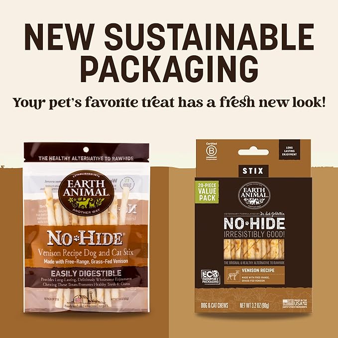 Earth Animal No Hide Stix - Long Lasting Rawhide Free Small Dog Chews Sticks, Venison - 20 Count Value Pack