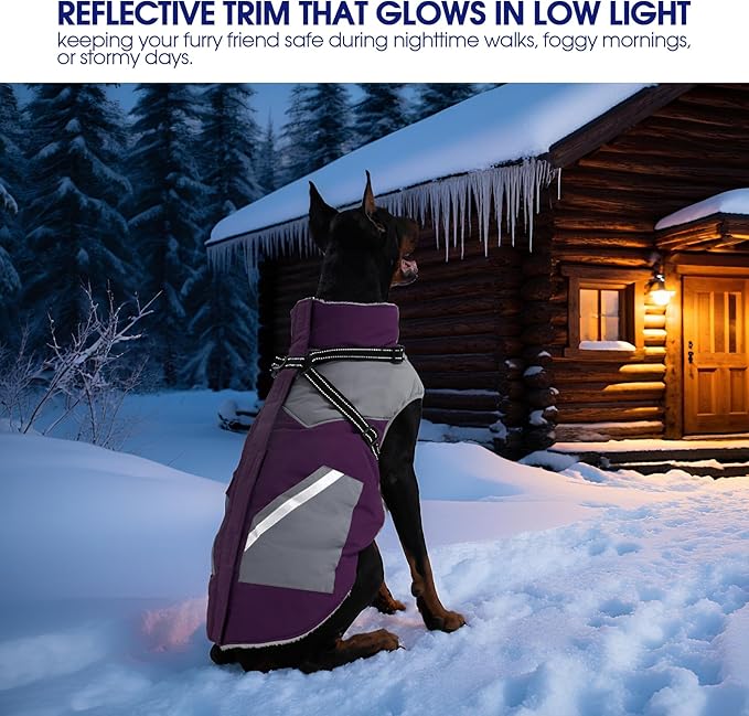 FUAMEY Dog Winter Jackets for Medium Dogs,Dog Coat with Harness Built in,Waterproof Dogs Snowsuits Warm Pet Jacket Zip Up Fleece Cold Weather Coats Reflective Puppy Vest with Pocket Purple M