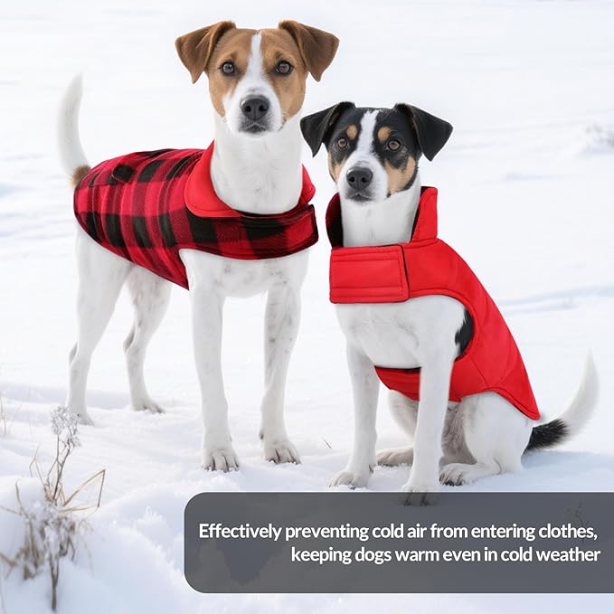 ASENKU Dog Winter Coat, Fleece Doggie Jacket Plaid Reversible Vest Waterproof Windproof Cold Weather Clothes for Small Medium Large Dogs(Red 2XL)