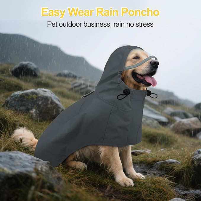 DENTRUN Waterproof Dog Rain Jacket with Hood for Golden Retriever, Husky – Extra-Long Coverage for Heavy Rain, Beach Trips, Dog Parks – Magic Tape & Mesh Lining, XXL