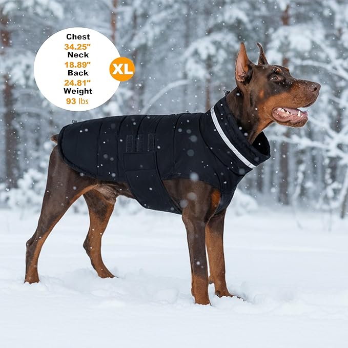 Dog Coat, Waterproof Winter Jacket, Warm Windproof Vest, Reflective Adjustable Turtleneck Coats for Large Dogs with Hook & Loop - Black - XL