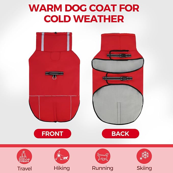Mihachi Dog Coat for Large Dogs, Warm Dog Winter Coat Waterproof Dogs Jacket with Harness Built in Reflective Pet Fleece Vest, Puppy Cold Weather Coats Turtleneck & Windproof Pet Snowsuit, Red XXL