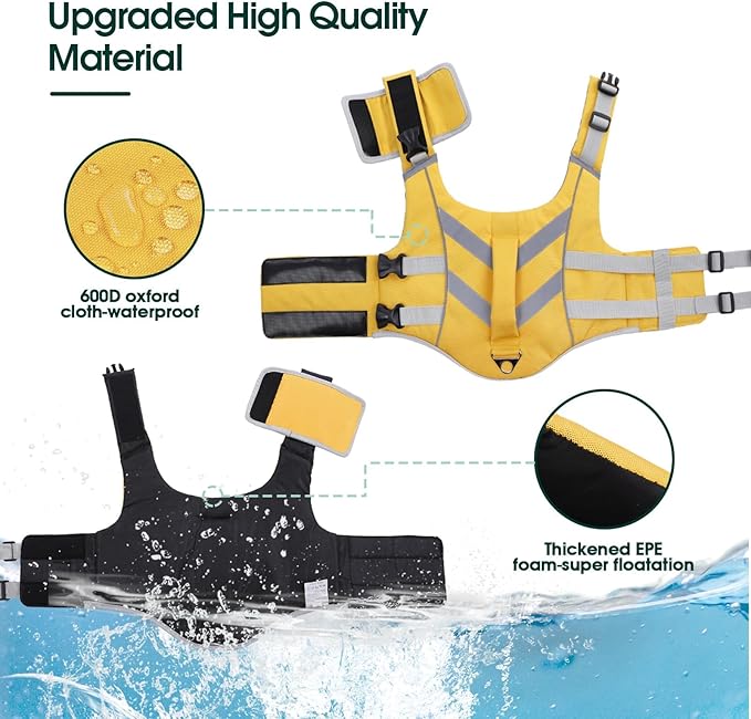 Kuoser Adjustable Life Jacket with Reflective Stripes, High Visibility Dog Vest - Ripstop Dog Lifesaver for Small, Medium, Large Dogs