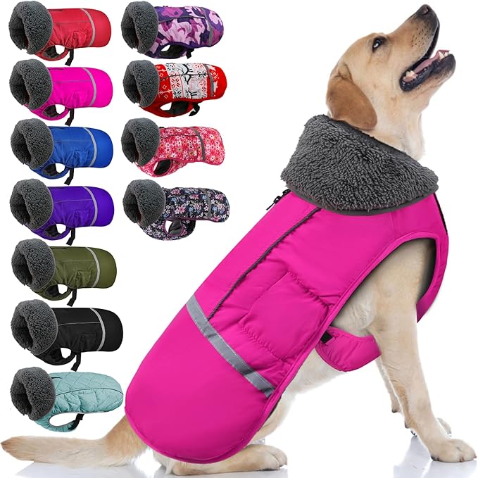 Doglay Dog Coat, Waterproof Dog Jacket Pet Winter Coat for Cold Weather with Thicken Furry Collar, Reflective Puppy Winter Jacket Warm Fleece Lining for Small Medium Large Pets