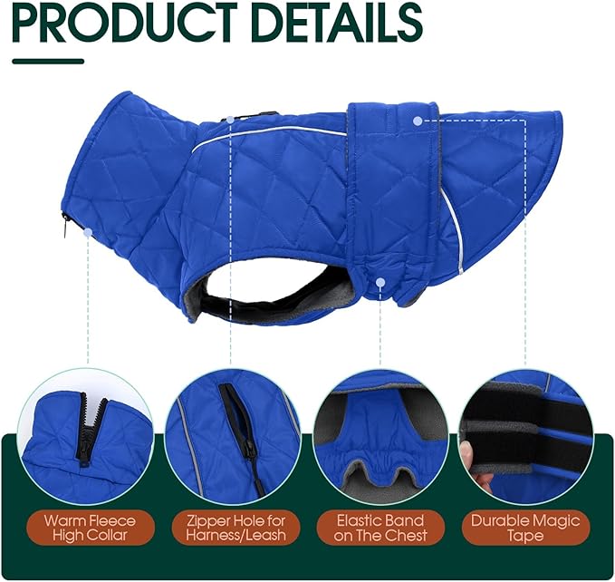 Kuoser Dog Coat, Extra Warm Dog Jacket Windproof Dogs Cold Weather Coats for Medium Dogs, Fleece Lining Turtleneck Puppy Snowsuit Reflective Adjustable Pet Winter Clothes Christmas, Blue M