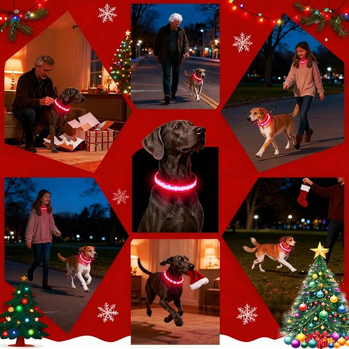 DOGWONG LED Dog Collar - Christmas Red Plaid Heavy Duty Light up Dog Collars - Rechargeable Waterproof - Lighted Dog Collars for Night Walking, Hiking, Camping(Red Plaid,M)